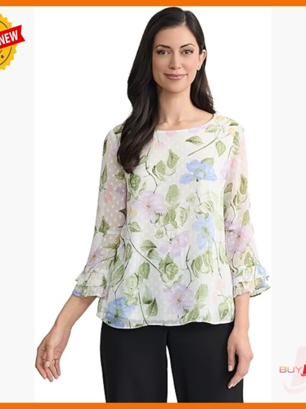 Petite 3/4 Ruffle Sleeve Printed Top - Lightweight Wrinkle-Resistant Polyester